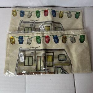 *2* Happy Camper‎ Square Throw Pillow Cases Burlap Camping Owls 17x17 RV Class C